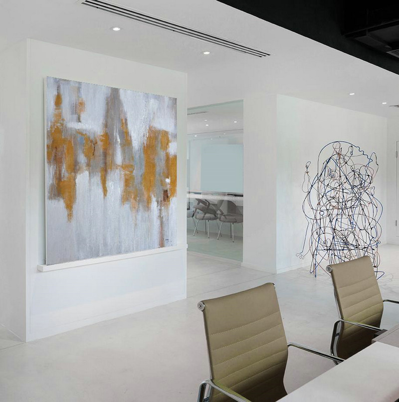 Extra Large Acrylic Painting On Canvas,Large Abstract Landscape Oil Painting On Canvas,Hand Painted Original Art,White,Gray,Yellow.etc